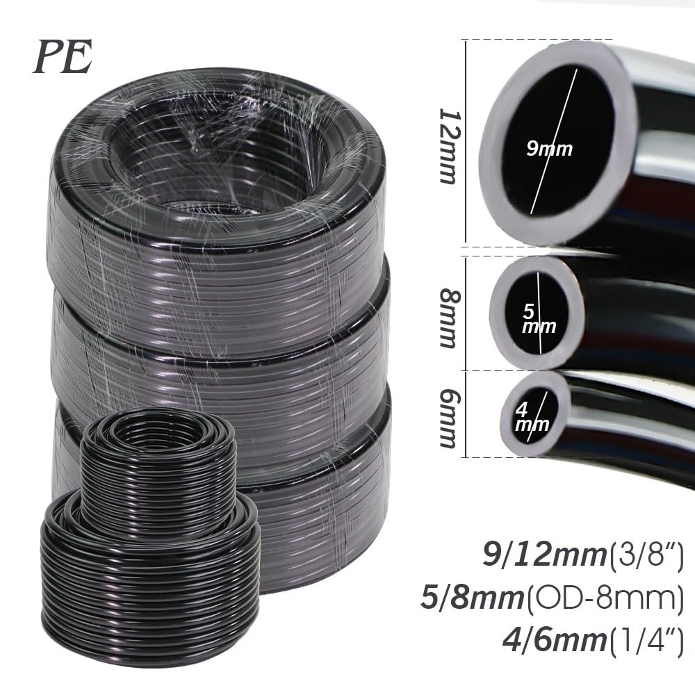 Tuyau d'arrosage en PE Noir, résistant à la Pression, 10/20/30/50M OD-6mm 8mm 12mm, 4/6mm 5/8mm 9/12mm, Tuyau d'irrigation Goutte à Goutte, Tube d'arrosage 3/8 "1/4"(OD-8MM_20M-65.6FT)