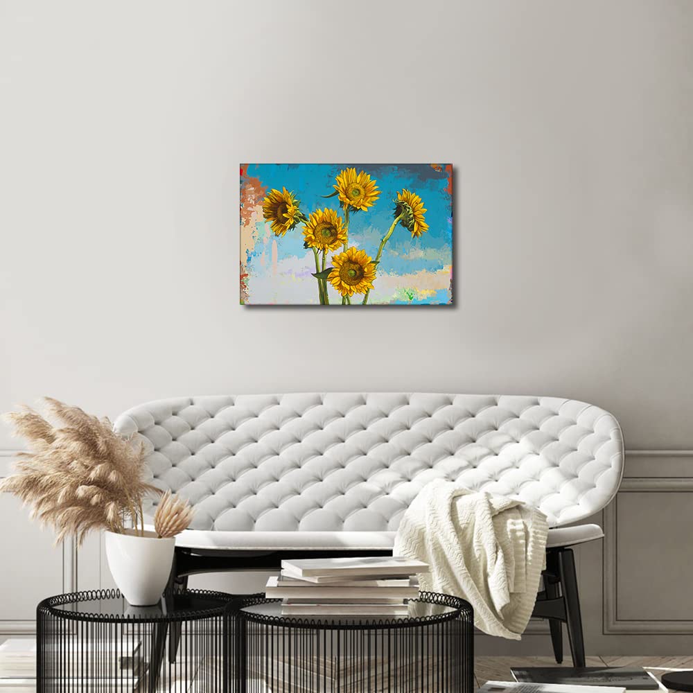 TISHIRON Canvas Wall Art Oil Painting of Sunflowers on Canvas Vintage Art Farmhouse Art for Home Office Bathroom Bedroom Stretched Giclee Framed Print Ready to Hang 8x12inch - Image 4