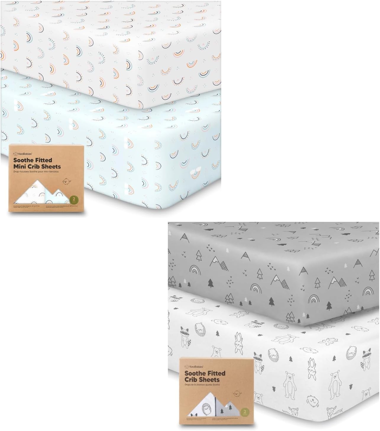 Keababies 2-Pack Mini Crib Sheets Fitted, Organic Cotton Pack and Play Sheets and 2-Pack Organic Crib Sheets - Playard Baby Crib Sheets, Jersey Crib Sheets Neutral - Soft & Breathable Crib Sheets