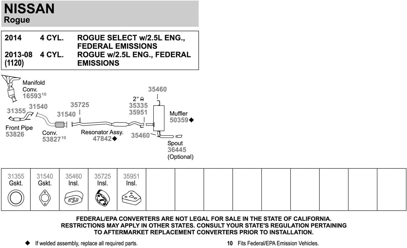 Walker 47842 Direct Fit Exhaust Resonator and Pipe Assembly 2" Outlet (OD) for Nissan Rogue