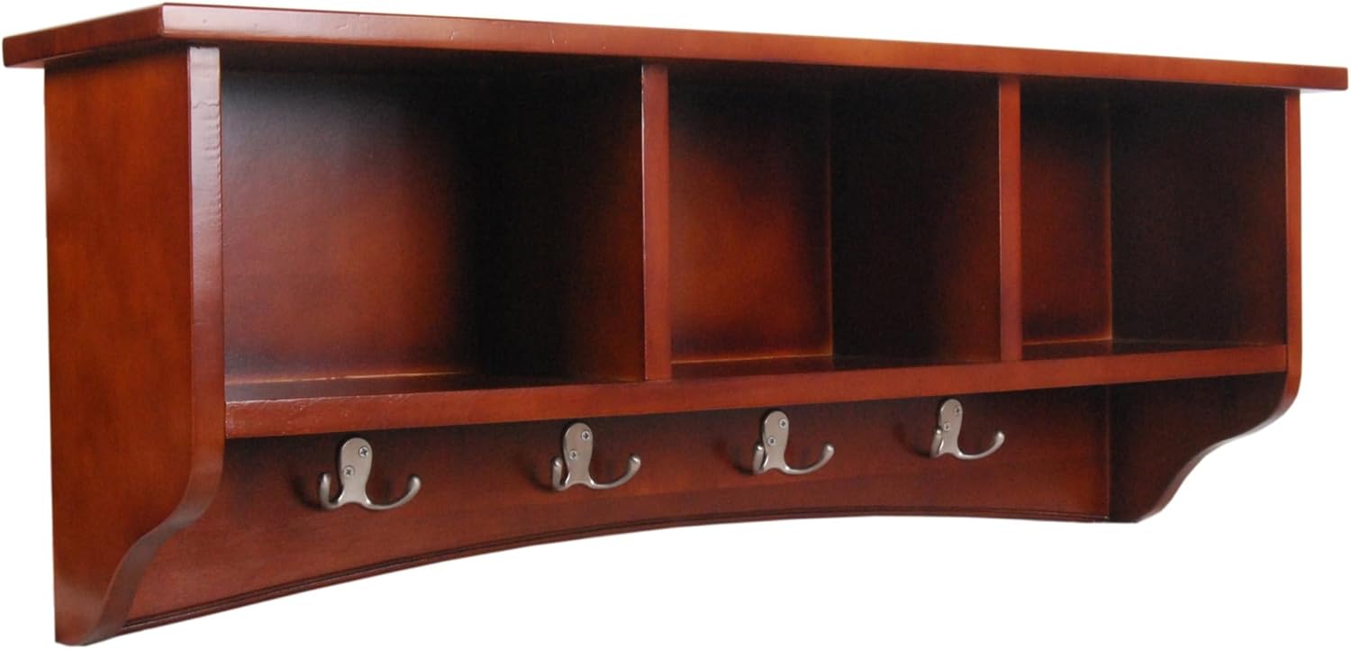 Shaker Cottage Wall-Mounted Coat Rack with 3 Storage Cubbies and 4 Hooks – 36" Space-Saving Entryway Organizer, Mudroom and Hallway Wall Shelf by Alaterre Furniture (Cherry Finish)