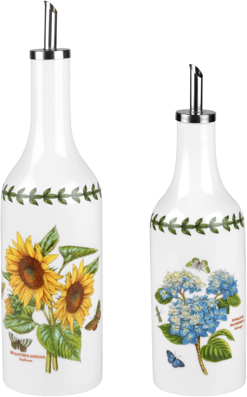 Portmeirion Botanic Garden Oil & Vinegar Drizzler Set - 9" Oil Dispenser & 7.5" Vinegar Bottle with Sunflower & Hydrangea Motif - Fine Porcelain Dressing Shaker Bottle, Dishwasher & Microwave Safe
