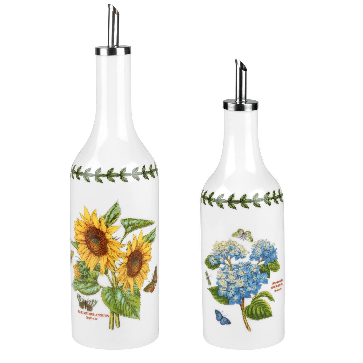 Portmeirion Botanic Garden Oil & Vinegar Drizzler Set - 9" Oil Dispenser & 7.5" Vinegar Bottle with Sunflower & Hydrangea Motif - Fine Porcelain Dressing Shaker