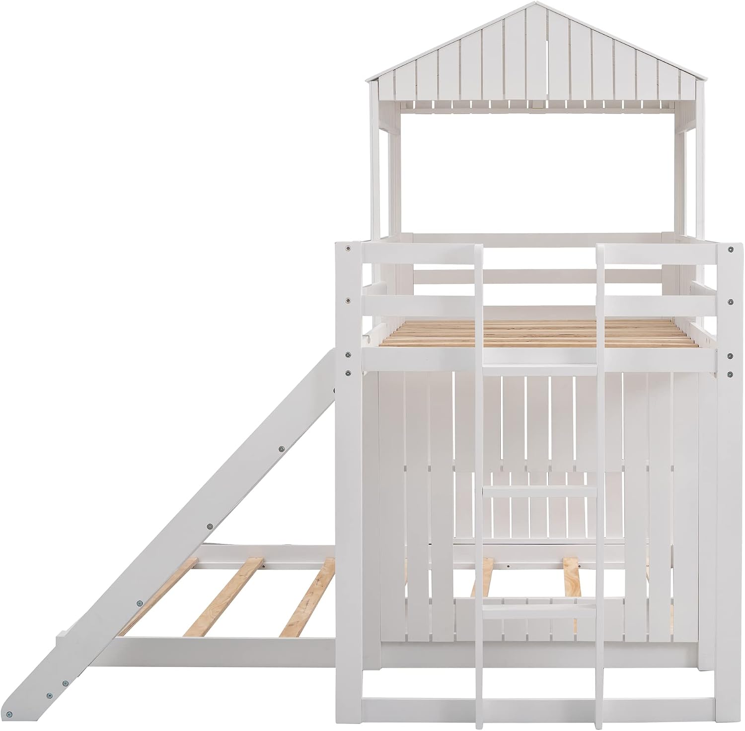 Merax Wooden Twin Over Full Bunk Bed with Slide, Loft Bed Frame with Playhouse, Farmhouse, Ladder and Guardrails for Kids, Boys & Girls, White