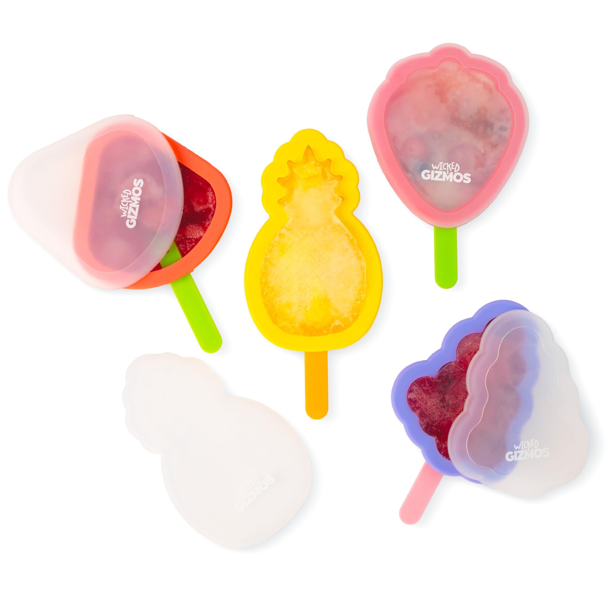 Wicked Gizmos Ice Lolly Moulds with Sticks – Fruit Shaped Ice Pop Moulds, BPA Free - Ice Cream Moulds with Sticks Grape, Watermelon, Pineapple & Strawberry - Ideal for Summer, Homemade Frozen Treats
