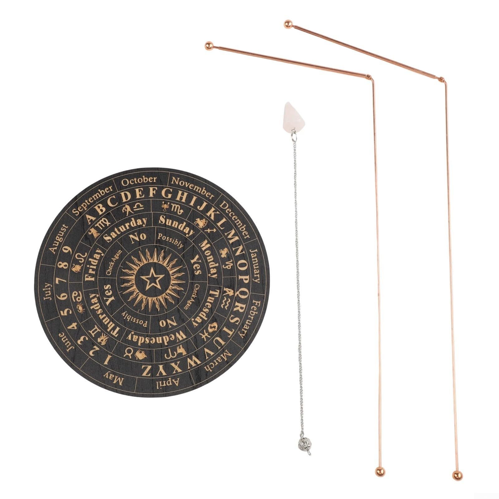 Ensemble de baguettes de radiesthésie en cuivre 99,9 % comprenant 2 tiges télescopiques, pendule en bois et pendentif en cristal pour travaux d'eau, minéraux et énergie