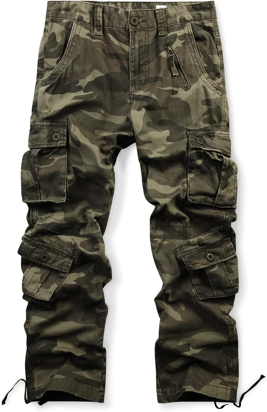Men's Cotton Casual Cargo Work Pants Baggy Camo Tactical Combat Trousers with 8 Pockets (No Belt)