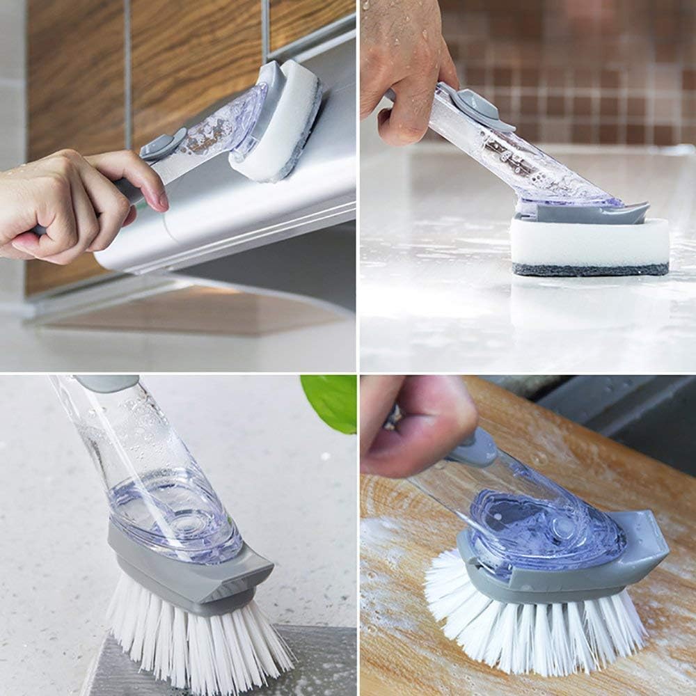 GALV soap Dispensing Dish Brushes Dishwasher Brush with soap Dispenser Long Handled Hydraulic dishwashing Brush Kitchen Tool Cleaning Brushes,Non Stick brushs,Dish Cleaning brushs(Gray)(23.4x5.4 cm) 4