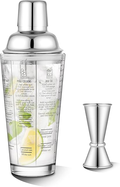 Glass Cocktail Shaker - 400ml (14fl oz) Martini Shaker and Stainless Steel Top Cobbler Shaker with Double Measuring Jigger, Built-in Strainer.Measuring & Recipes on Side of Glass.