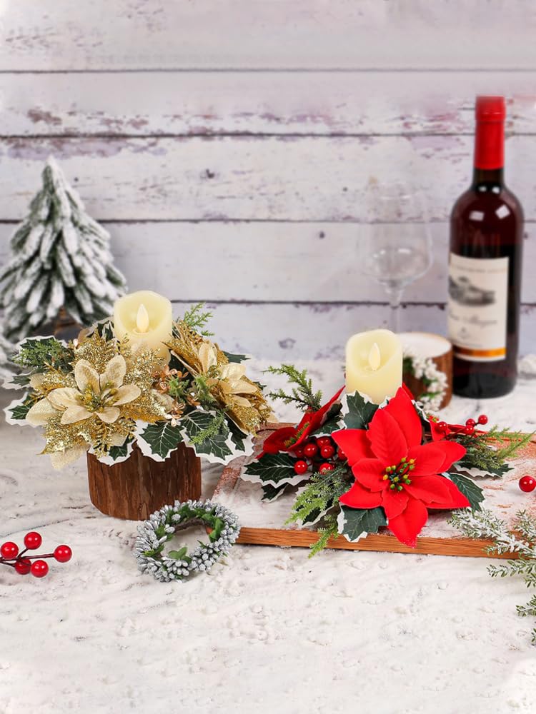 Weihnachtskerzenringe, Künstliche Rote Weihnachtsstern-Kerzenringe, 20,3 cm Durchmesser, Mini-Weihnachtskerzenhalter, Rote