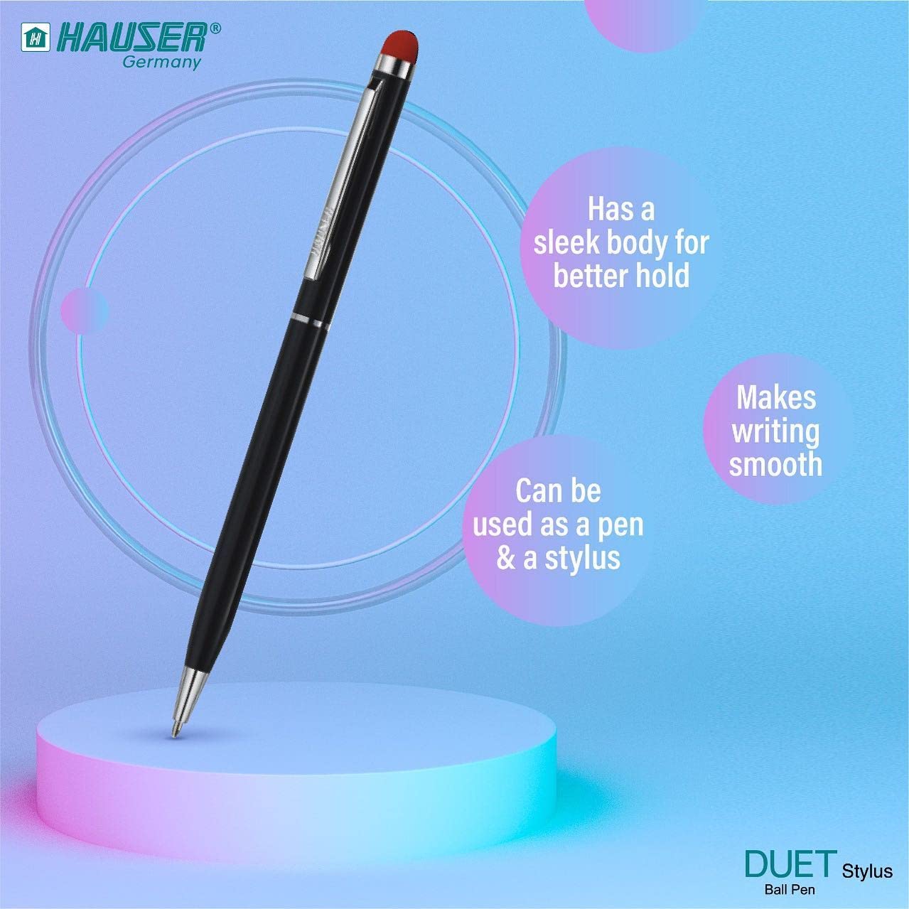 Hauser Duet Stylus Kugelschreiber mit Metallgehäuse, Drehmechanismus, doppelter Verwendungszweck zum Multitasken zwischen Papier und Touchscreen-Handy/Tablet, gefüllt mit Cardinal-Mine, blaue Tinte, 3