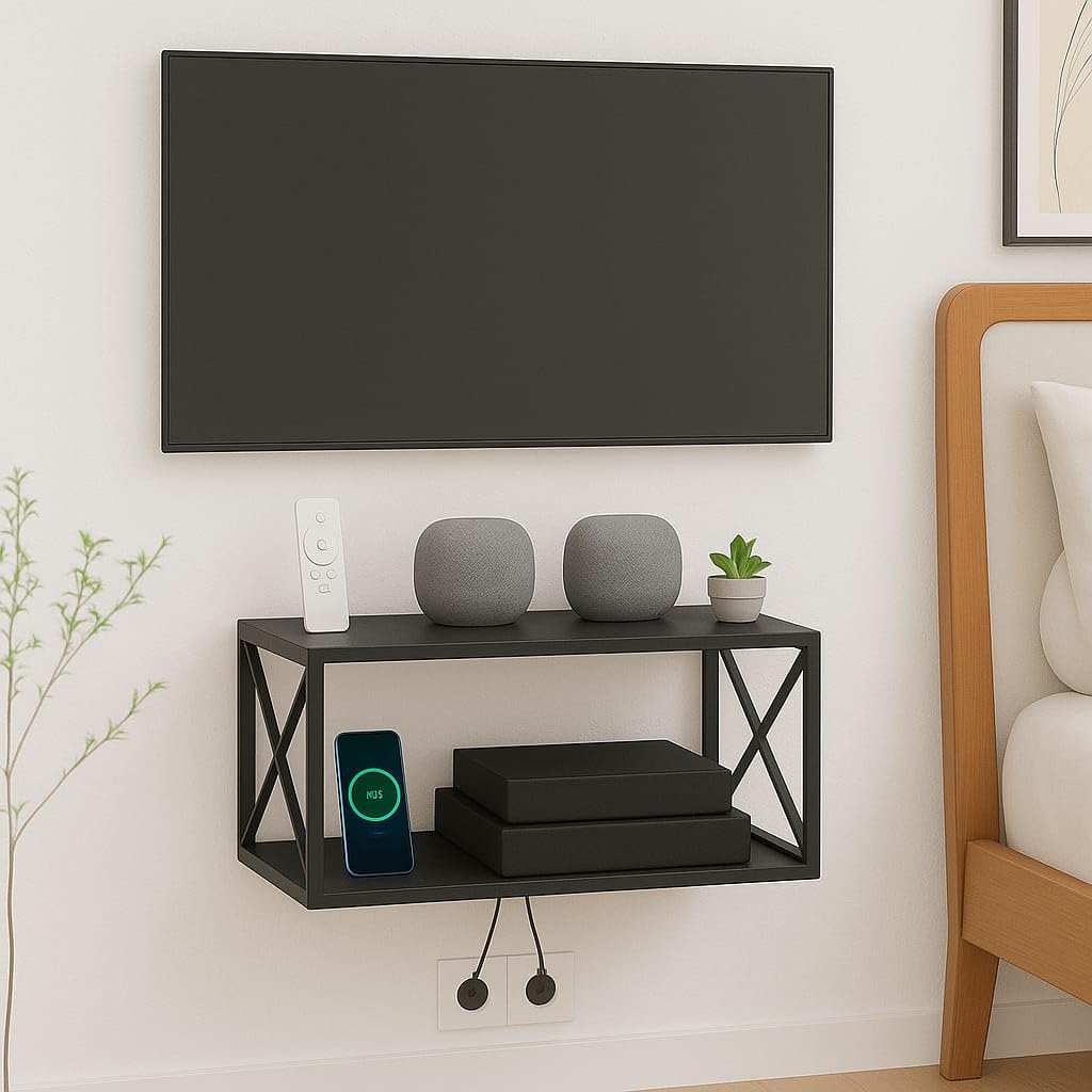 Live Store Modern Wall Mounted Shelf, 2-Tier Black Metal Storage Rack, X-Frame Design for TV Media Electronics-image-32