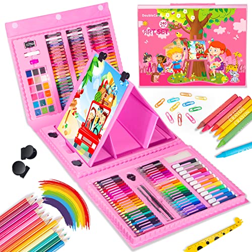 240 Pcs Deluxe Malset für Kinder, Kreativ Set für Kinder mit Doppelseitigen Trifold Staffelei, Anfänger Kunst Set Case, Kinder Basteln, Geschenk für Mädchen 5-12 Künstler Weinachtsgeschenke,Rosa Cover