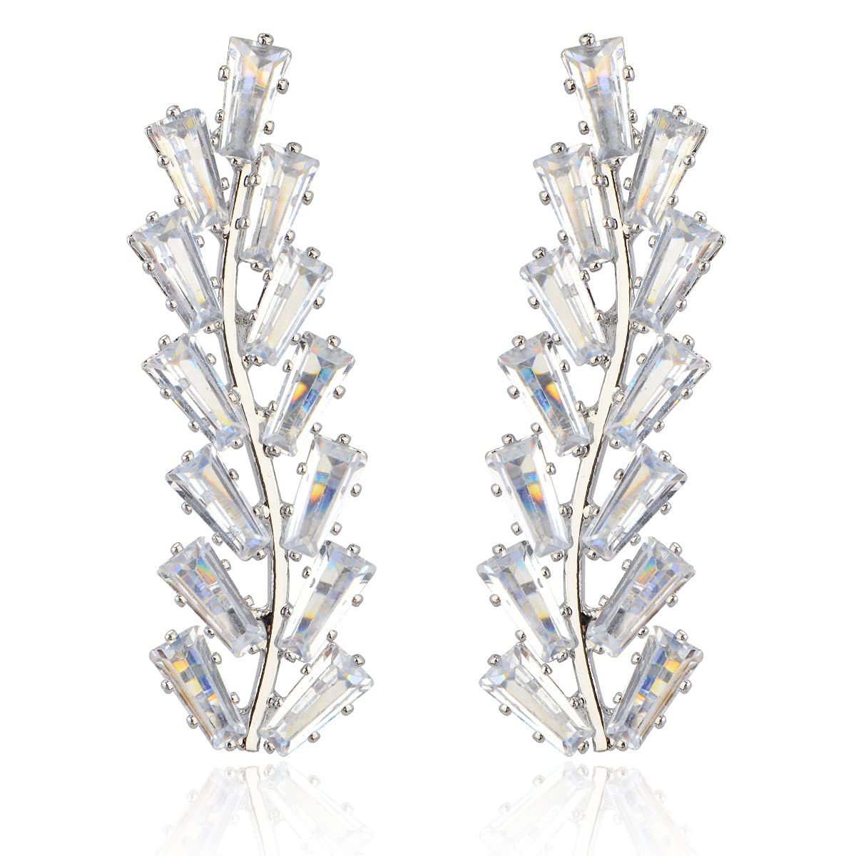 Long Leaf Stud Earrings-Silver - Long Bride Bridesmaids Earrings Sterling Silver Marquise Crystal CZ Rhinestone Cluster Leaf Linear Drop Earrings Elegant Jewelry for Women Girls Pageant Prom