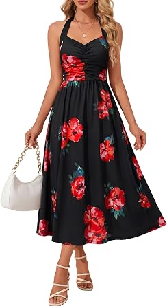 MSBASIC Womens Summer Spring Halter Ruched Midi Dress 2026 Flowy Beach Wedding Guest Long Sundress with Pockets