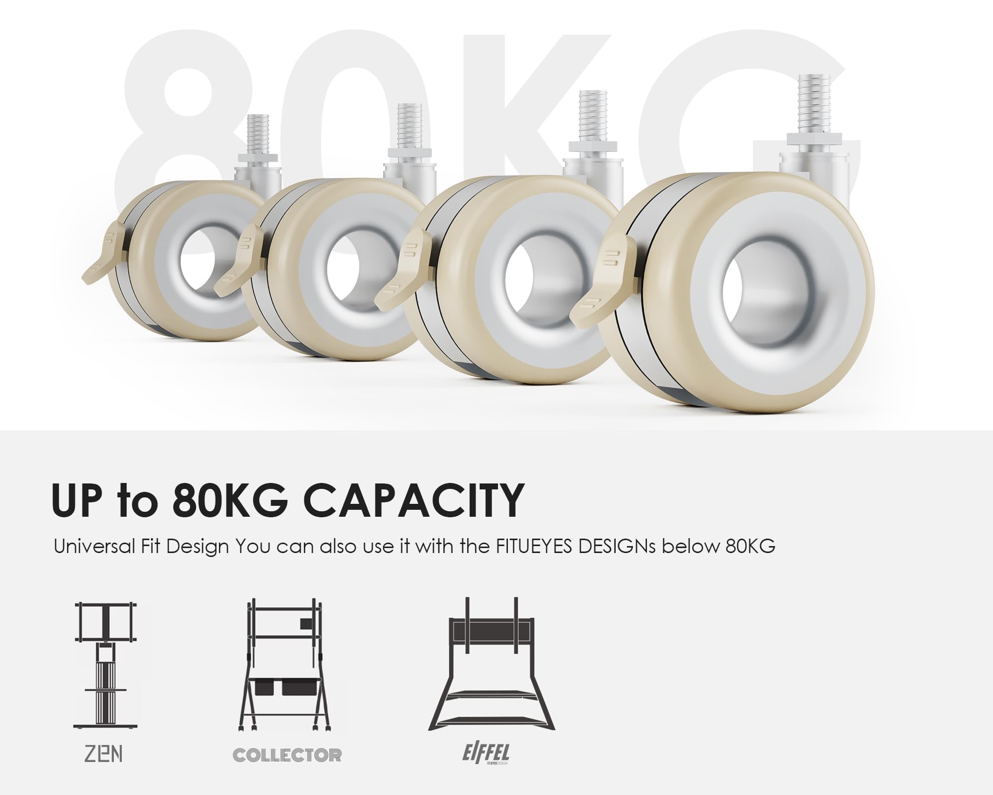 FITUEYES Ruedas para Muebles hasta 80 kg, Juego de 4 Ruedas Giratorias con Freno, Rosca M8, Ruedas para Soporte TV y Equipos (Morandi Gris)