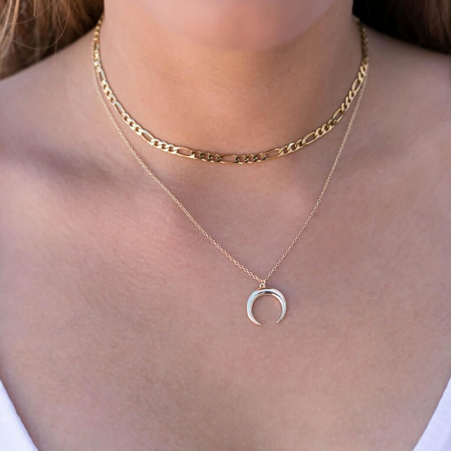 Boho Layered Moon Pendant Necklace Gold Half Moon Necklace Vintage Crescent Moon Choker Necklace Adjustable Moon Figaro Chain Necklace Jewelry for Women - Image 2