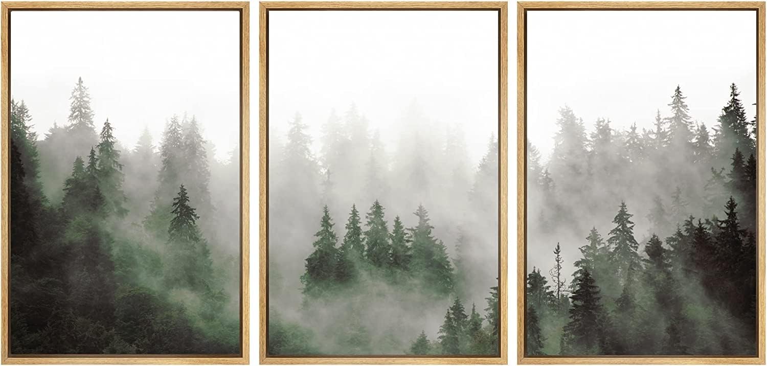 SIGNFORD Forest Framed Wall Art, Green Nature Wall Art, Misty Forest