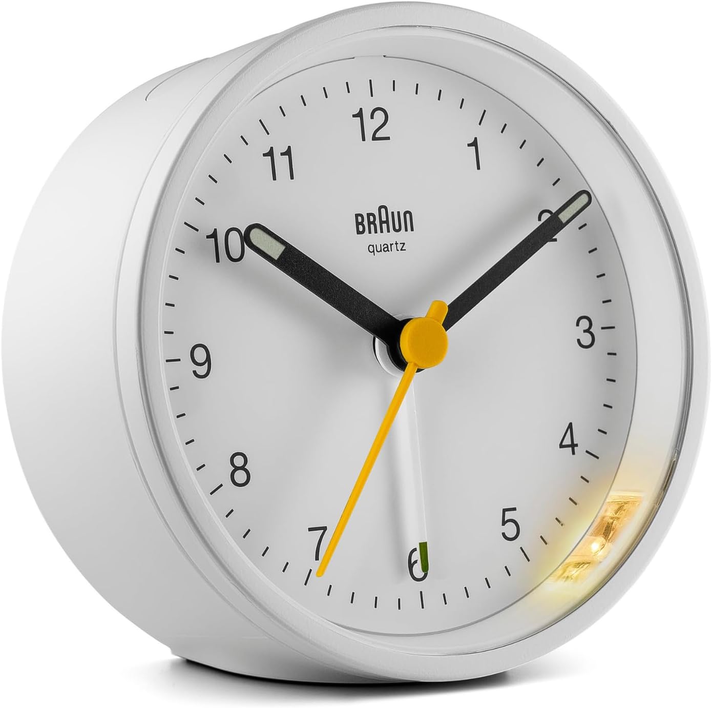 Classic Analogue Alarm Clock with Snooze and Light, Quiet Quartz Movement, Crescendo Beep Alarm in White, model BC12W.