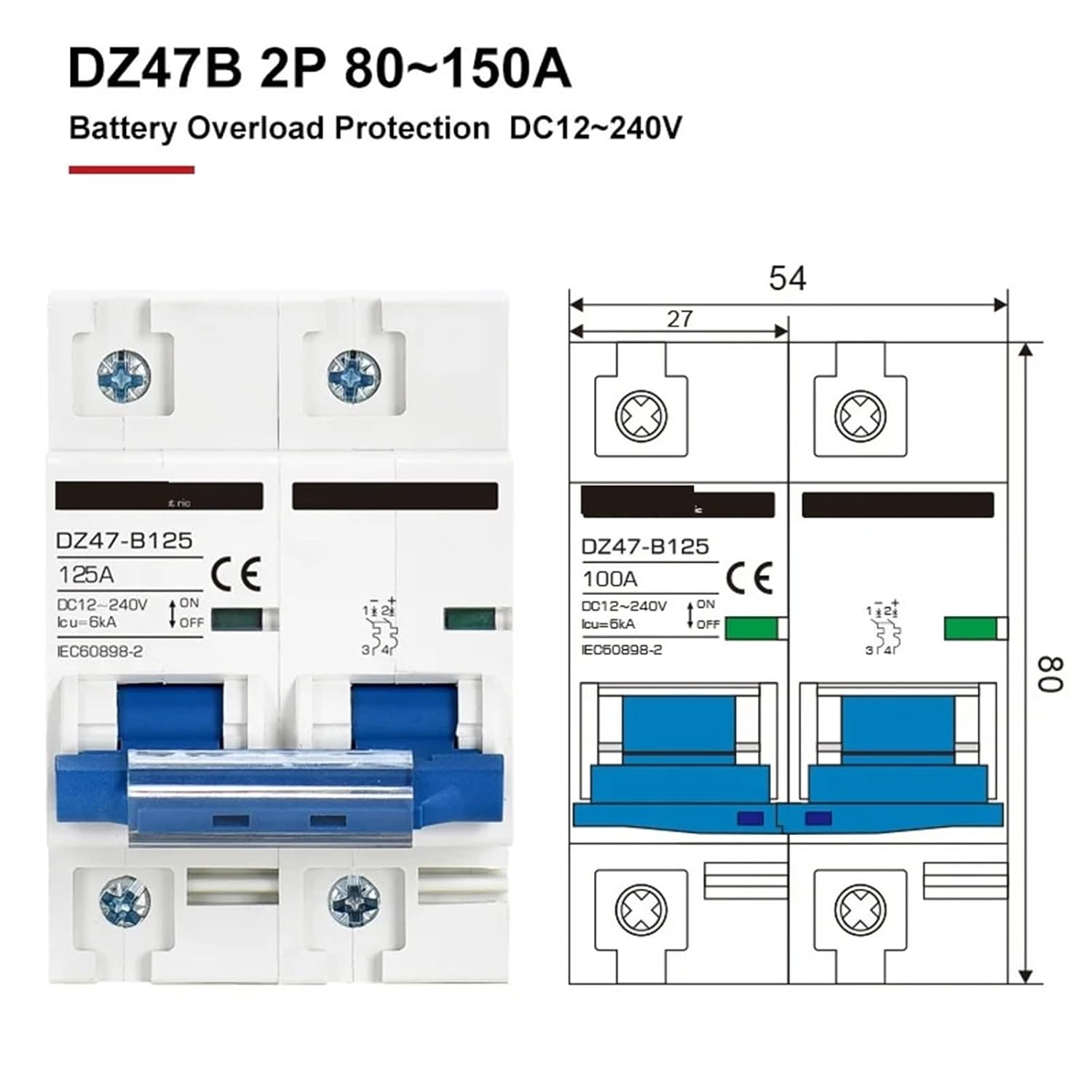 DZ47B ミニチュアサーキットブレーカー DC 12V 24V 36V 48V DC MCB バッテリーカープロテクター 6A-1