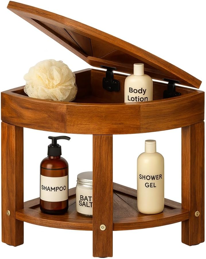 Wallace & Williamson Teak Shower Stool – Non-Slip Corner Bath Seat with Storage – Water-Resistant Teak Wood Bench Easy Assembly (Tools Required: Phillips Screwdriver & Hex Wrench)