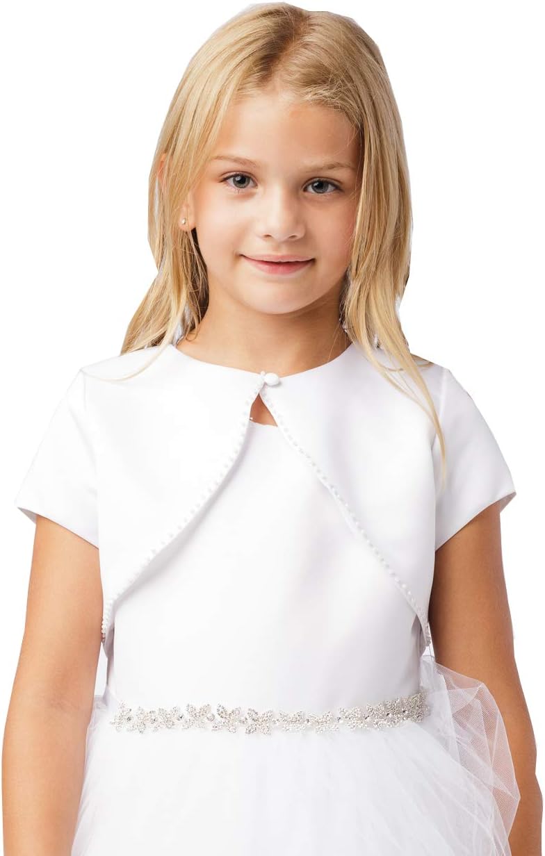 Girl's White Satin Organza Short Sleeve First Communion Flower Girl Bolero Shrug Jacket Size 2-16