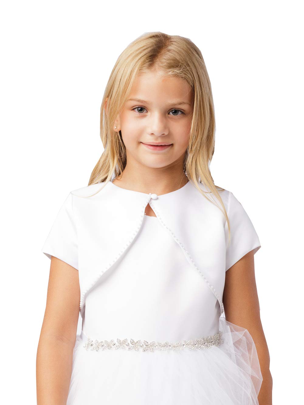 Girl's White Satin Organza Short Sleeve First Communion Flower Girl Bolero Shrug Jacket Size 2-16