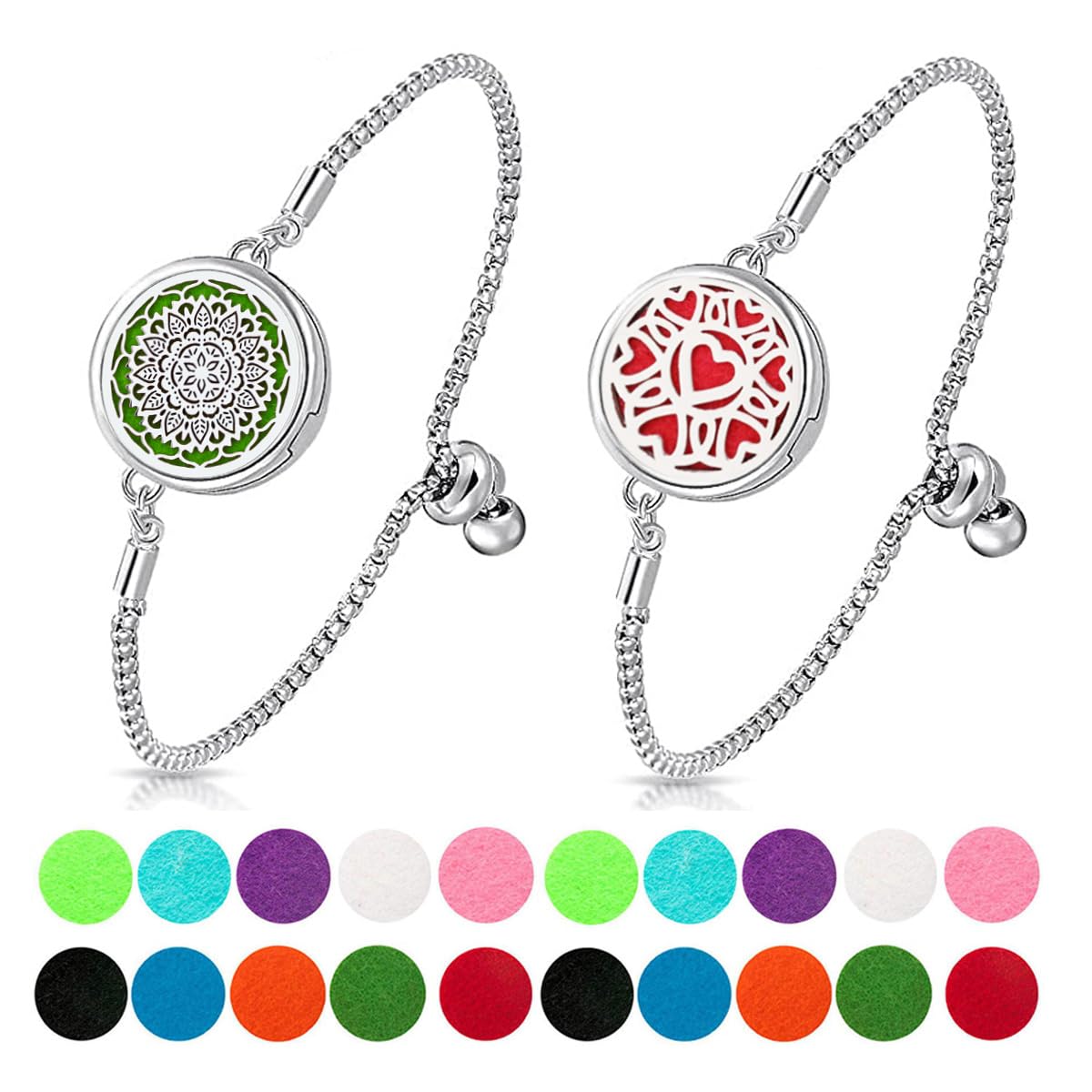 2 Pcs Essential Oil Diffuser Bracelet, Stainless Steel Aromatherapy Diffuser Locket Bracelet Adjustable Chain with 24 Colorful Unscented Refill Pads, Set for Women Girls