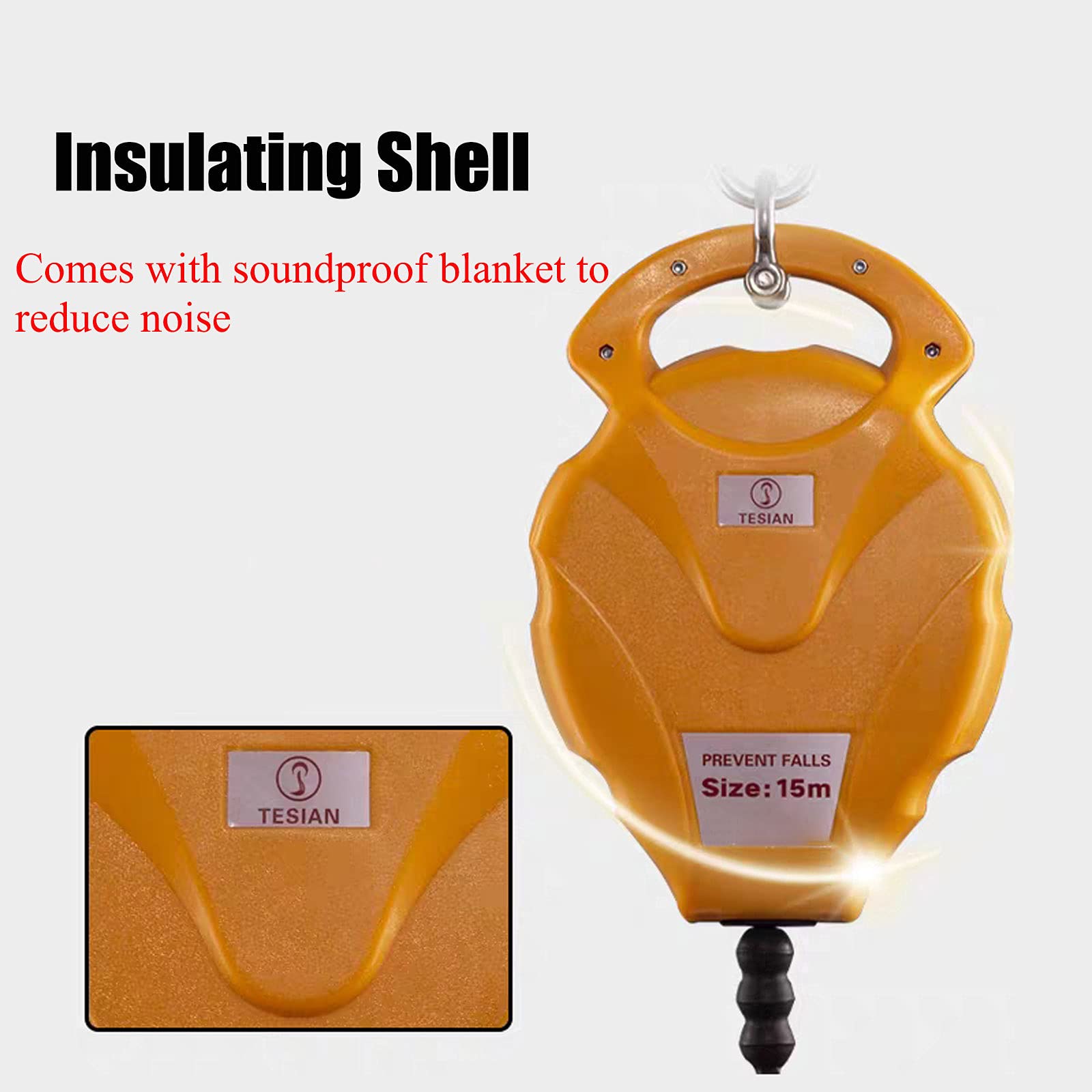 Anticaídas Anticaídas, Cinturón Anticaídas, Retráctil con Sistema de Amortiguación, Dispositivo de Seguridad de Altura para Escalada y Trabajos Aéreos, Amarillo, 10m/15m, Carga: 150kg