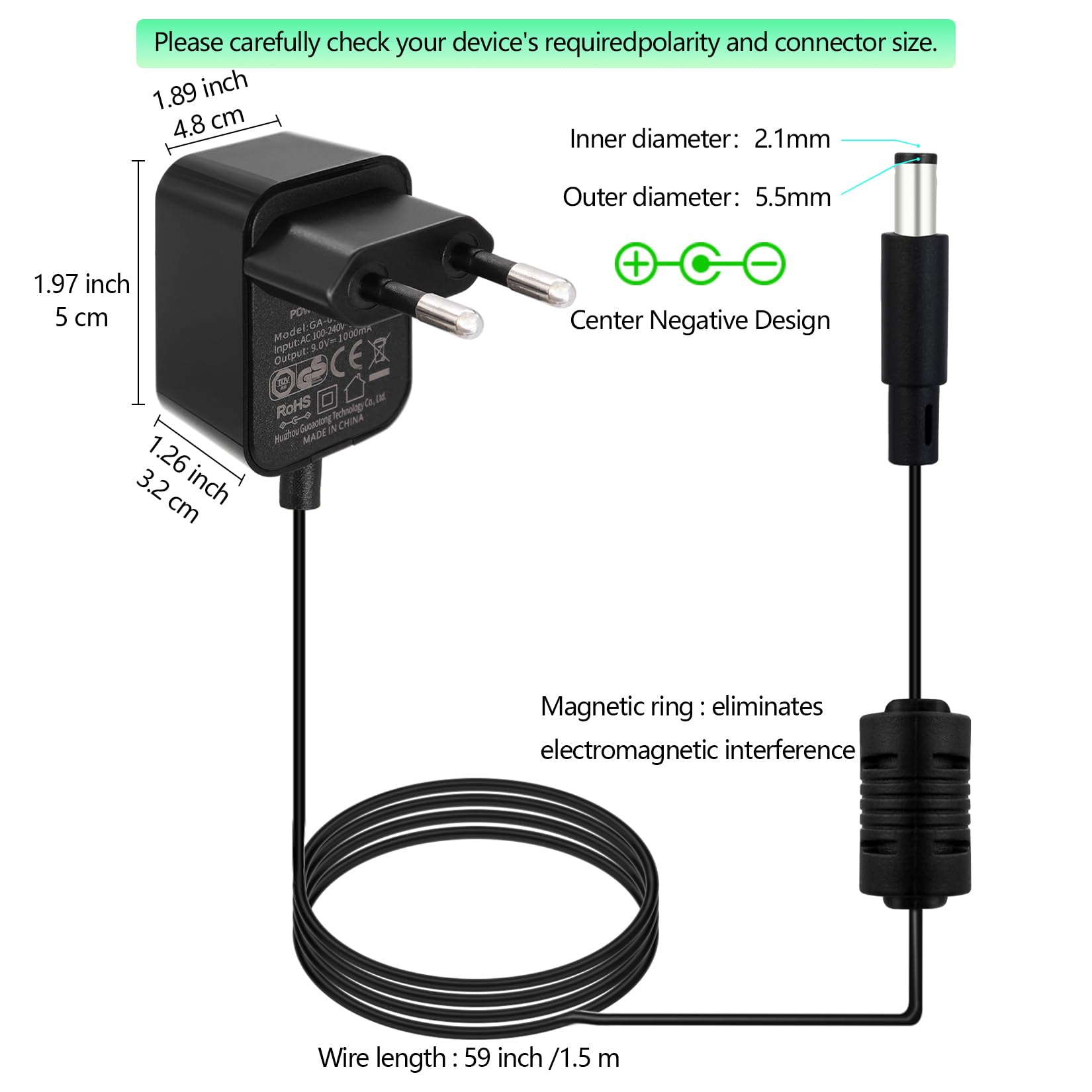 HOEREV gitarowy zasilacz sieciowy 9 V DC kabel sieciowy prąd 1 A 1000 mA końcówka ujemna do pedału gitarowego zasilacz (9V1A), EU, EU 9V1A 5 wtyczek