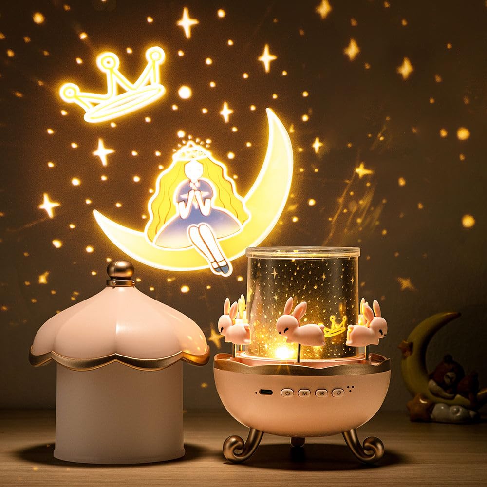 Magical 360° Rotating Bunny Carousel Night Light Projector for Kids | 3D Star & Ocean Light Patterns | USB Rechargeable LED Lamp with Replaceable Films | Perfect Birthday,Christmas & Nursery Gift