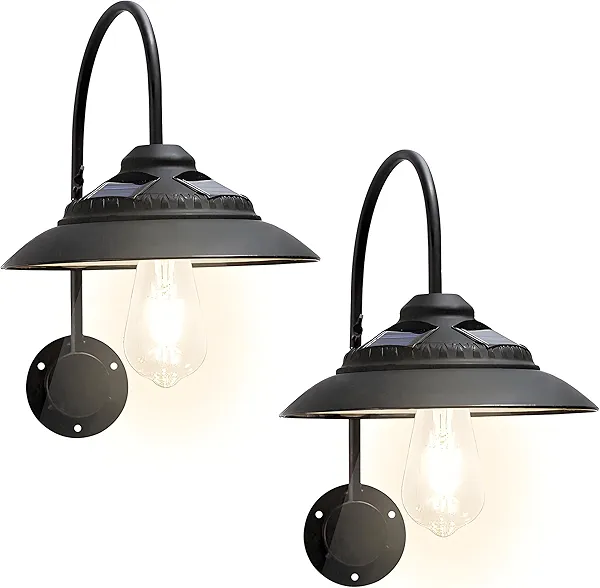 Goodeco Solar Barn Lights for Outside - Metal Design Outdoor Lights with Motion Sensor, 4 High Efficiency Solar Panels and one Clear Glass LED Edison Bulb, Chicken Coop Lights & More (Black 2P)