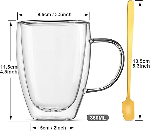 Miniatura 3 de Tazas de cristal para capuchino (juego de 4) tazas de café expreso de doble pared de 12 onzas con 4 cucharas doradas, perfectas para café con leche,