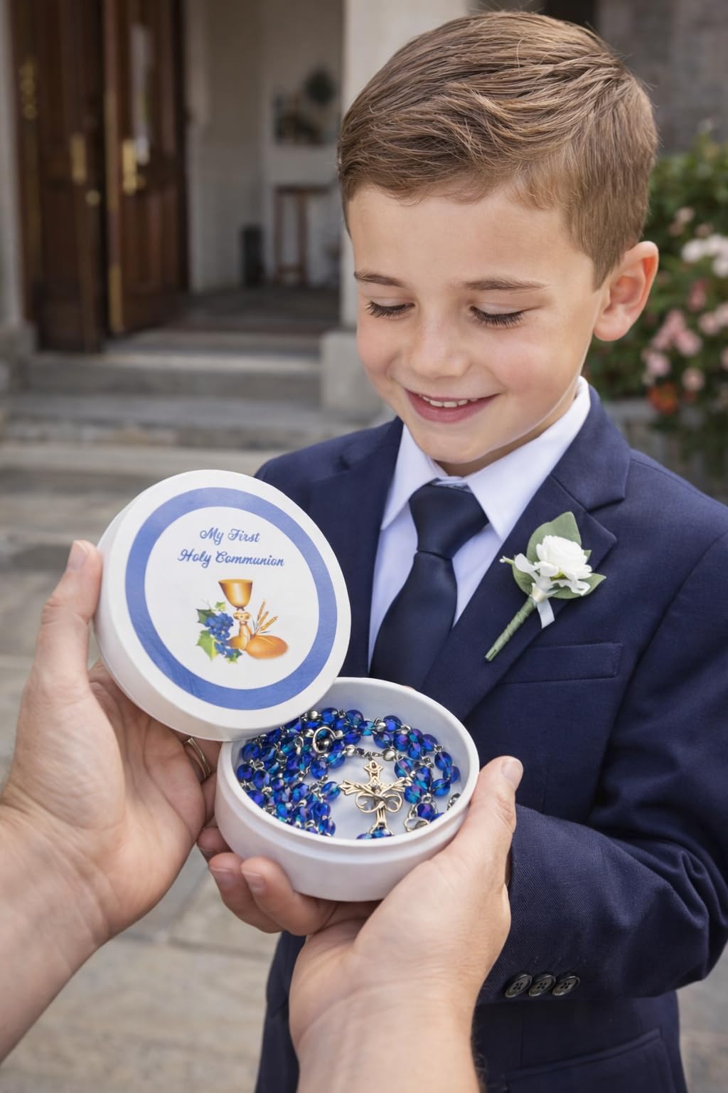 Westmon Works First Communion Rosary Set Blue Glass Beads in a Protective Case with Matching Holy Prayer Card