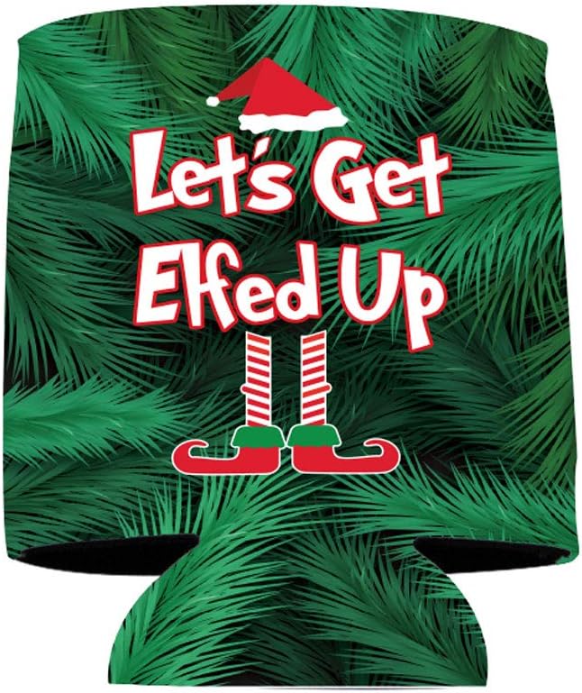 Custom Christmas Can Cooler – Let's Get Elfed Up Personalized Holiday Coolies, Santa Design, Set of 100 – Fits 12-16 oz Cans & Bottles