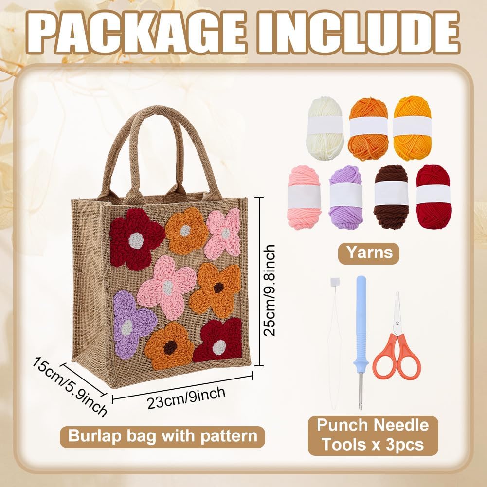 ORIGACH DIY Punch Needle Kit Tote Bag Kit for Beginners with Flower Pattern, Floral Embroidery Bag Set with Punch Needle, Thread & Instructions, Festival Gift for Women