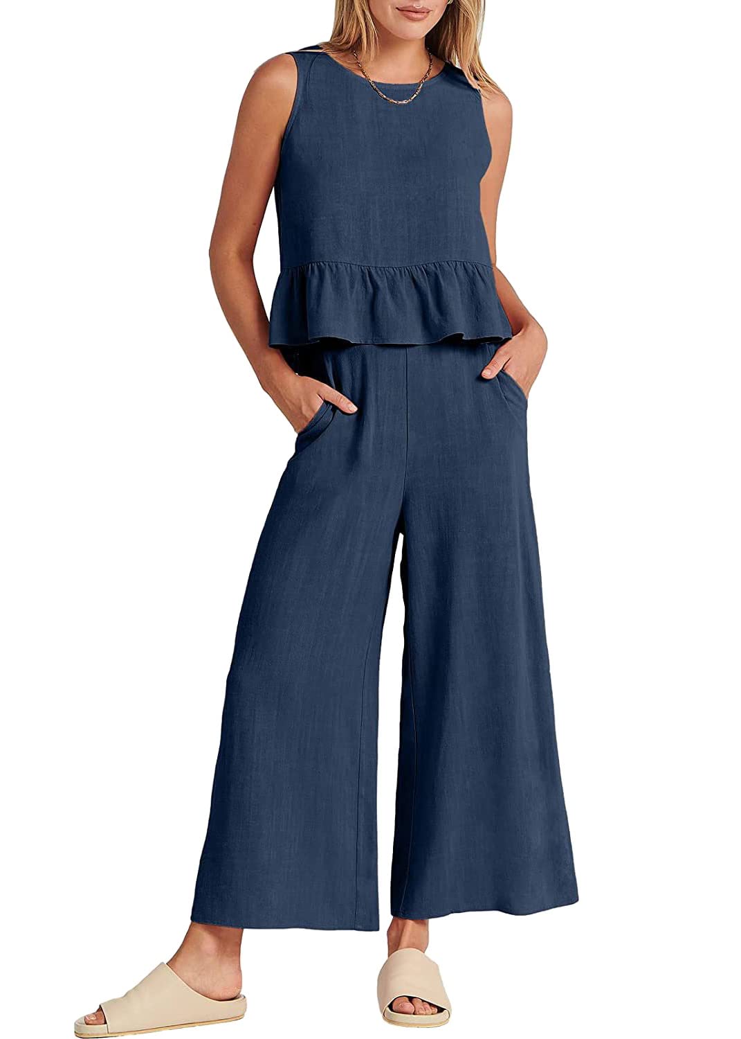 shownicer Ensemble en Lin Femme Chic et Elegant Costume 2 Piece Lâche Couleur Unie sans Manches Camisole Vintage et Pantalon Été Décontracté Ensemble Vetement Casual Outfit