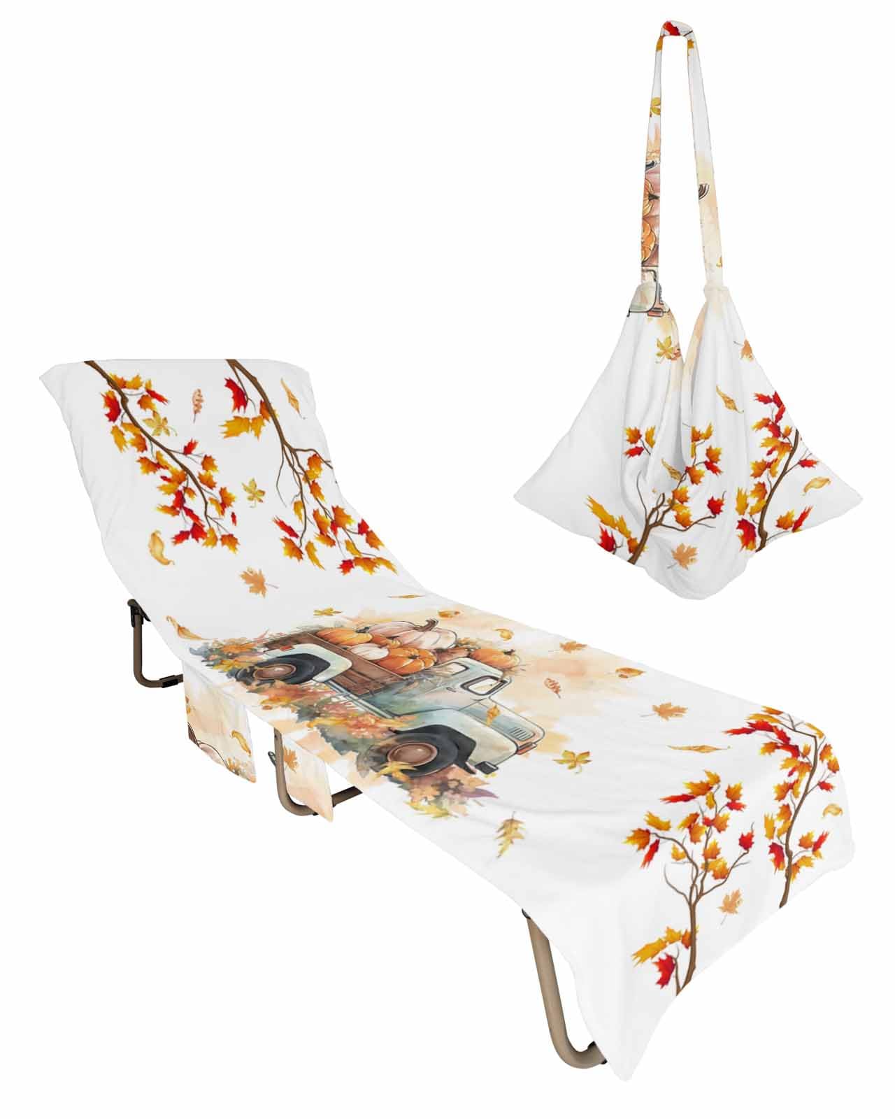 Thanksgiving Beach Chair Towel Covers for Chaise Lounge With Side Pocket, Soft Plush Pool Towels Cover for Patio Sunbathing Outdoor 29''x85'' Farmhouse Truck Harvest Pumpkin
