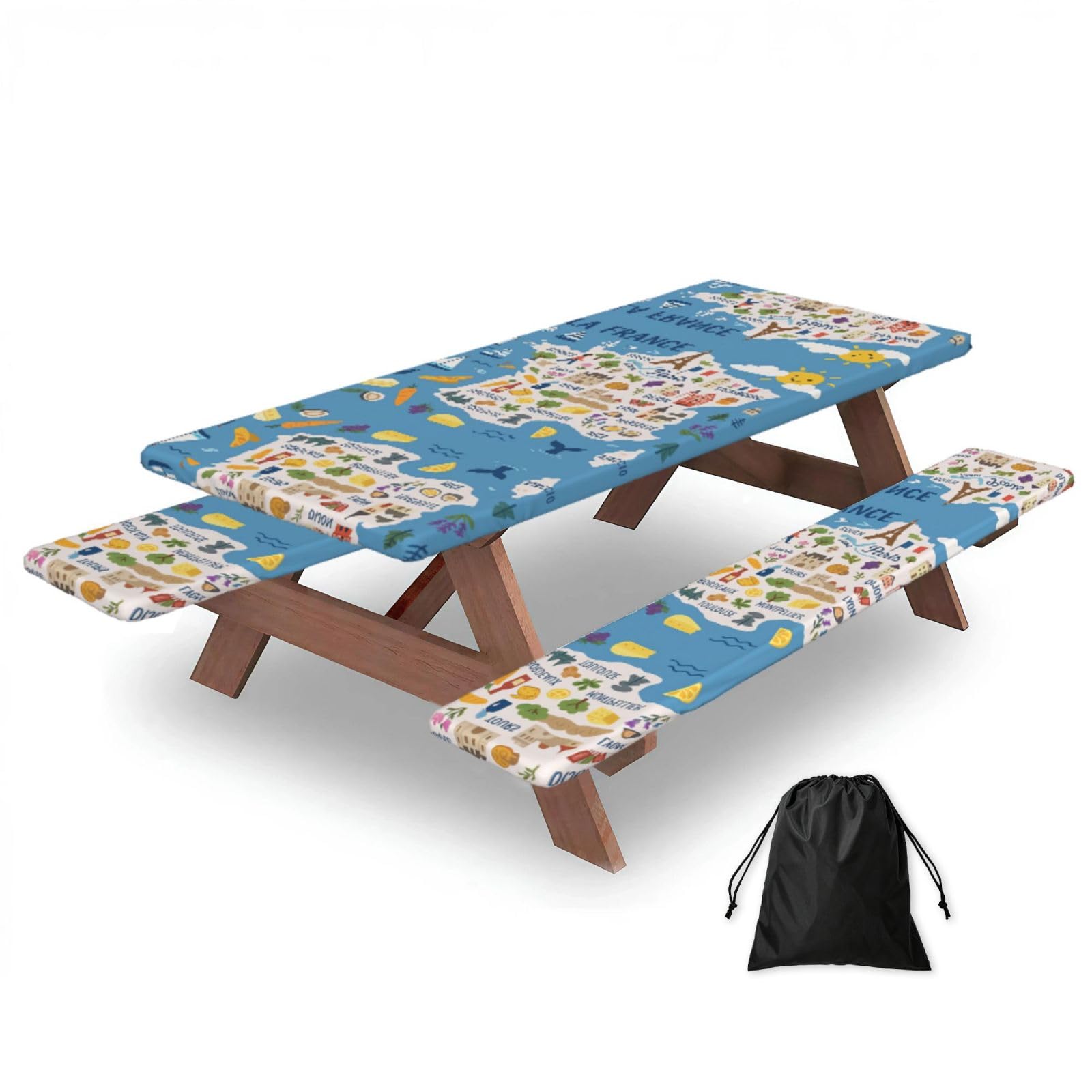 Mantel de mesa de camping con mapa de Francia y fundas para bancos
