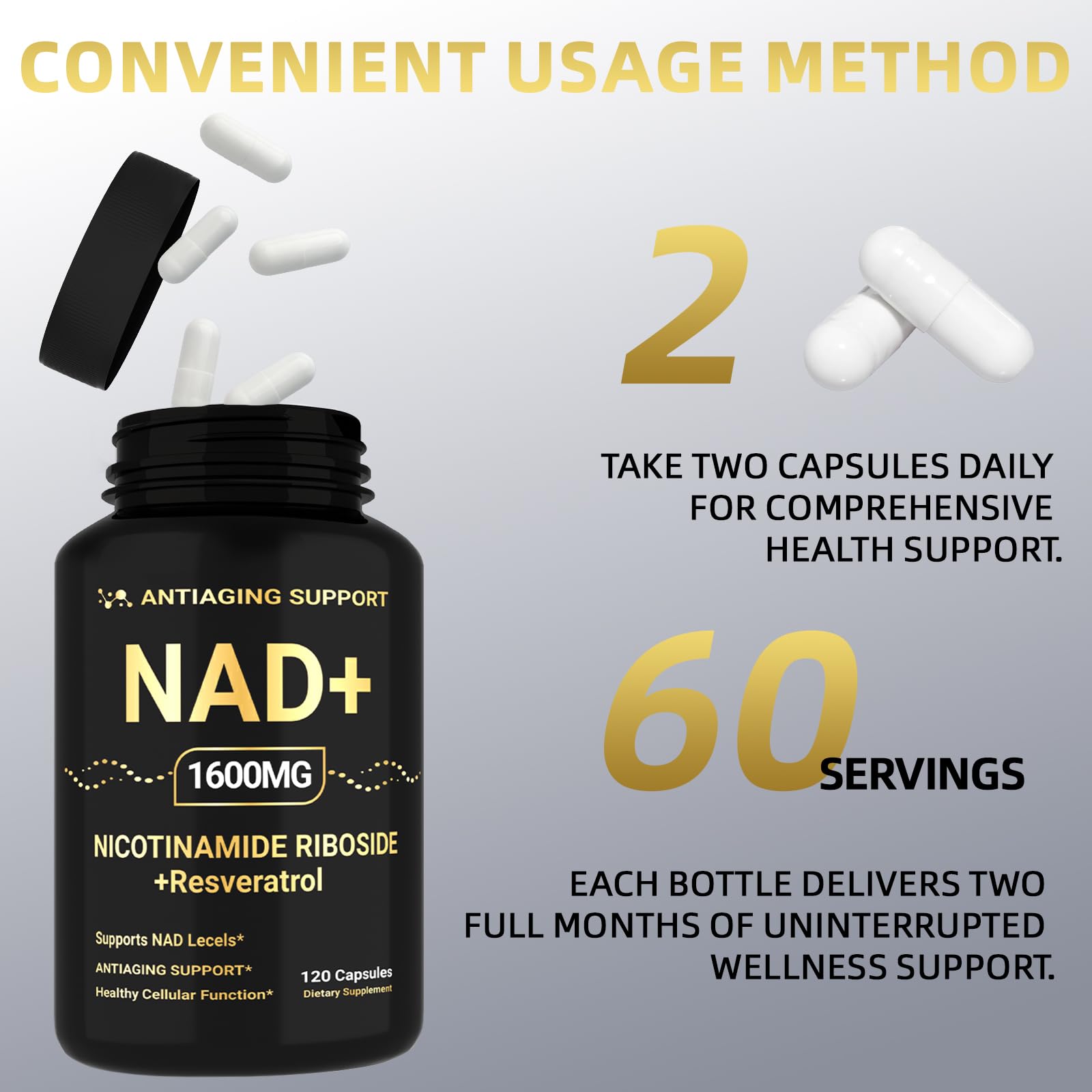NAD Supplement 1600mg, NAD+ with Resveratrol & Nicotinamide Riboside, Anti-Aging Support, Cellular Energy & Mental Clarity Support, Vegan Non-GMO, 120 Capsules