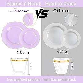 Liacere 350PCS Purple Plastic Plates - Disposable Light Purple and Gold Plates 50guest Baroque Plastic Dinnerware include 100Plates,50Pack Pre Rolled Napkins with Silverware 50Cups for Valentines Day