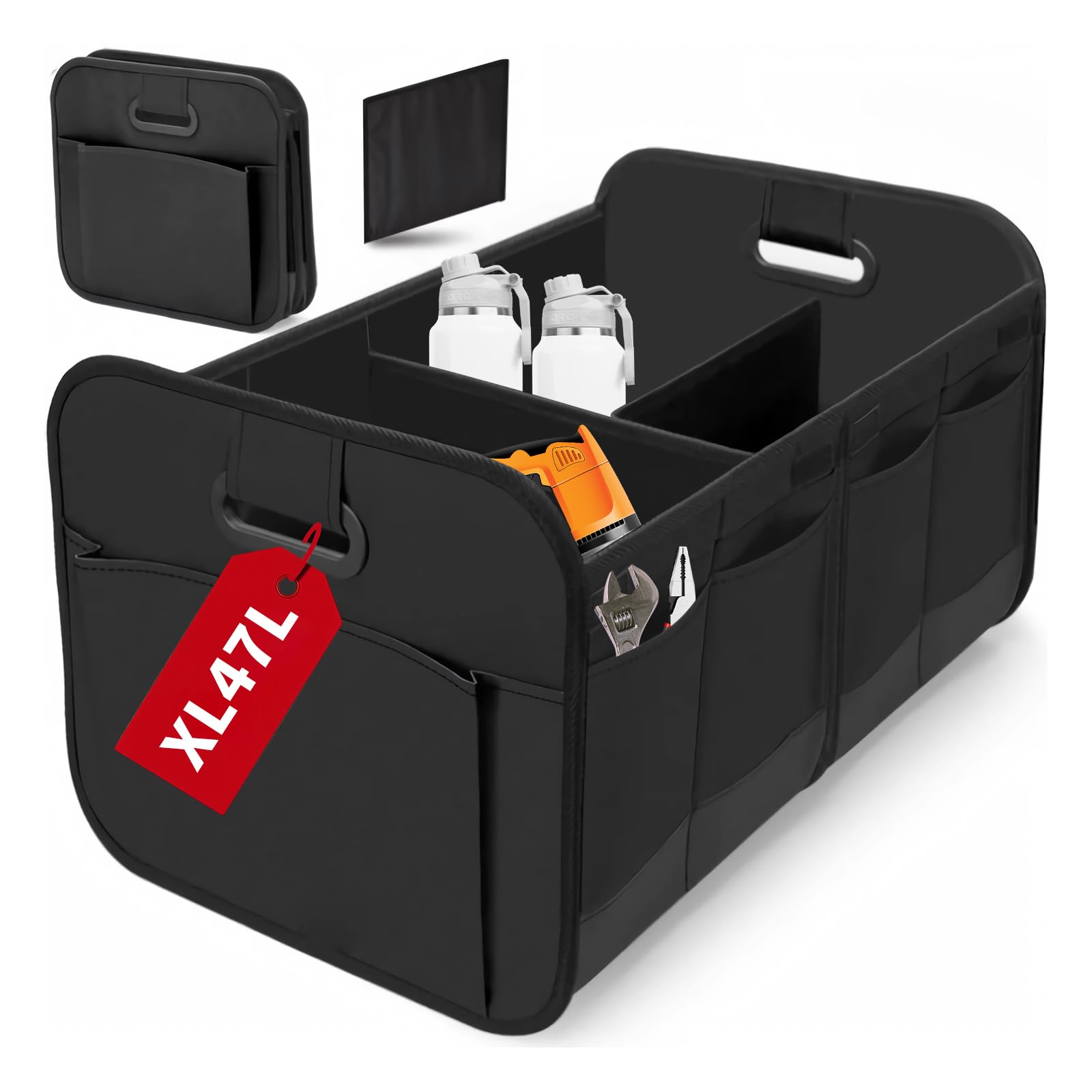 Rangement Coffre de Voiture, Grand Contenant de Stockage éTanche Avec Séparateur Amovible Et Poches LatéRales, Organisateur de Coffre Automobile Pour Voitures, Suv, Camping Et Courses (1)