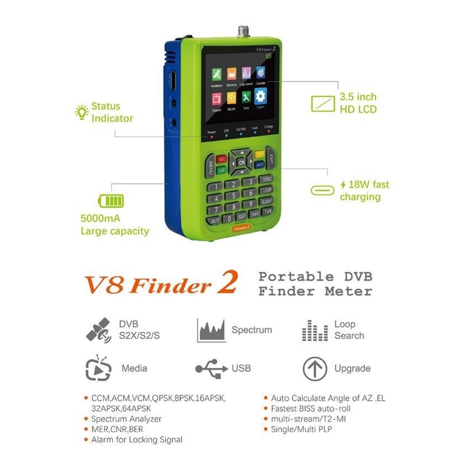 Medidor de señal buscador satélite TV portátil con Pantalla LCD 3,5 Pulgadas código H.264 Digital, Rastreador de satélites