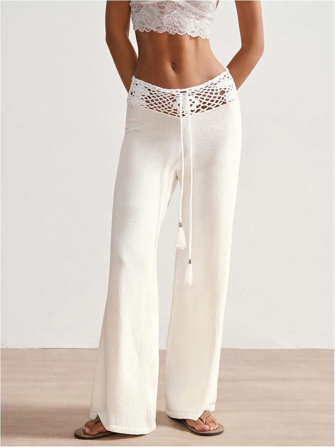 SOLY HUX Women's Knit Pants Crochet Hollow Out Low Rise Drawstring Elastic Waist Casual Vacation Long Trousers - Image 4