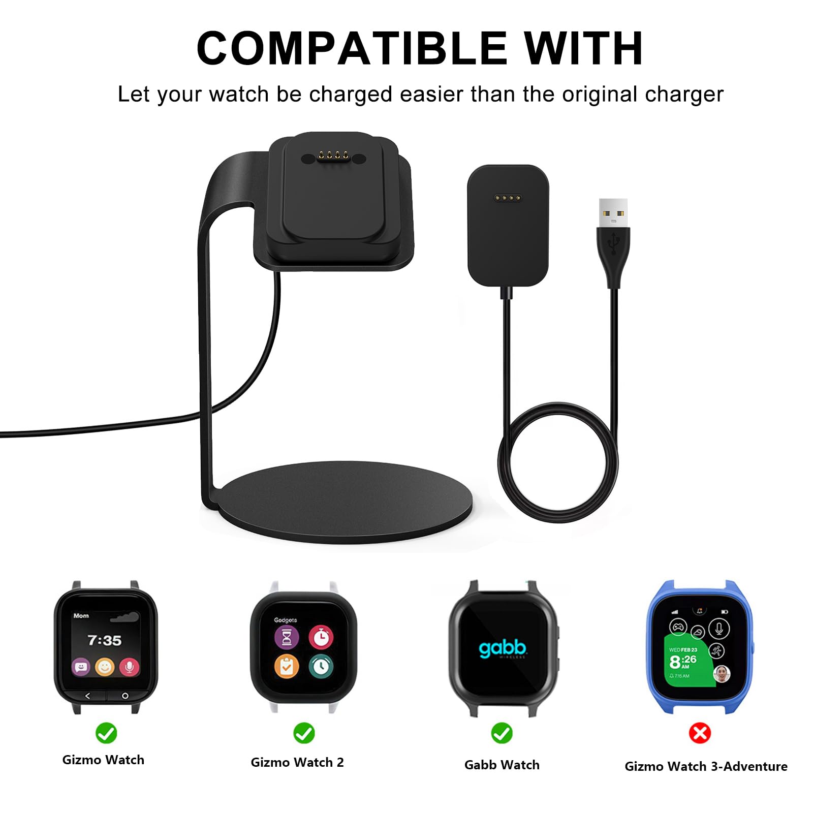 Stazione di ricarica compatibile con caricabatterie Gizmo Watch 2, dock di ricarica magnetico GEORDGY con cavo USB da 1 m, supporto per caricabatterie per smartwatch Gizmo Watch 1/2