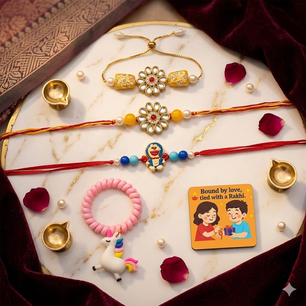 SAUDEEP INDIA Decorative Fridge Magnet for Refrigerator Decor | Family Rakhi Set for Bhaiya Bhaiya Kid | Raksha Bandhan Gift Combo | Cotton Thread Rakhi Festive Home Decor(Yellow Stone)