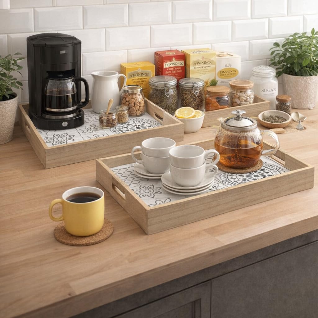 OCEANO Juego de 2 bandejas de madera con fondo tallado y cristal estilo Boho-Chic – Medidas 40 x 30 cm y 35 x 24,5 cm – Con asas de cuerda – Bandejas decorativas para café, desayuno, salón