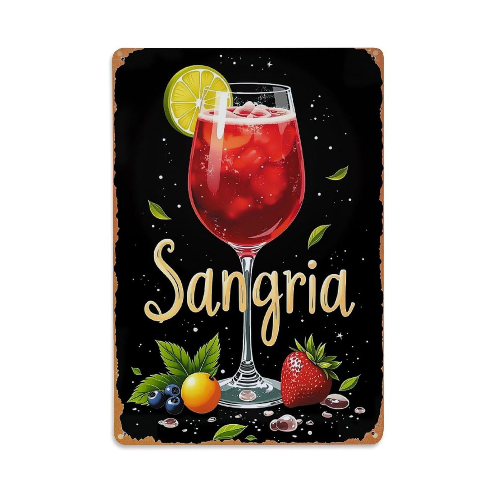 Jdyaojiesheng Vintage Sangria Glass Fruit Garnish Sparkle Tin Sign Retro Metal Wall Decor Metal Poster, Home Bar Garage Farmhouse Cafe Wall Art Decoration 8X12inches