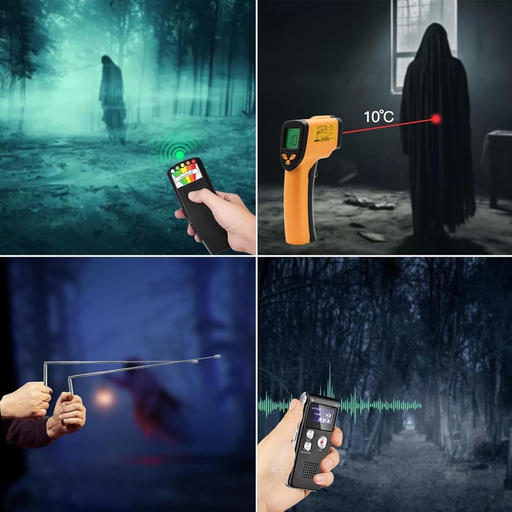 El Kit de 9 Piezas Incluye un Medidor de Campo Electromagnético (EMF), un Detector Sin Contacto (EVP) y una Varilla de Radiestesia.