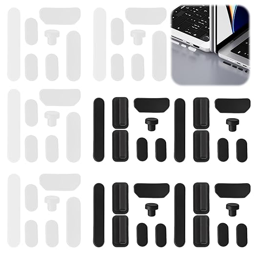 56 Pcs Silicone Anti-Dust Port Plugs Kit, Trackpad & Webcam Protector Cover, Non-Slip Replacement Bottom Feet Compatible with M4 M3 M2 M1 Pro/Max 2021-2024 14.2" 16.2" (Clear & Black)